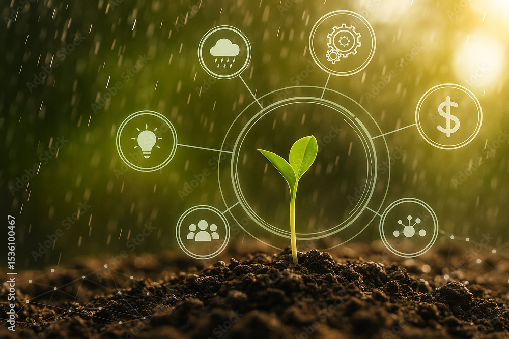 Poster ai generated image of a green seedling in wet soil with soft sunlight and rain surrounded by digital