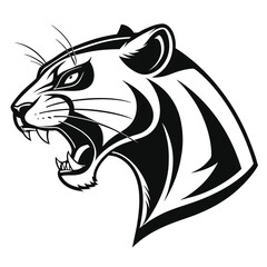 A fierce black panther head roars with sharp teeth on a white background