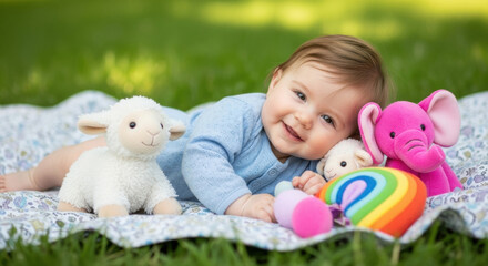 Joyful baby smiles on a blanket in the grass surrounded by plush toys, radiating happiness and innocence in a sun-dappled scene.