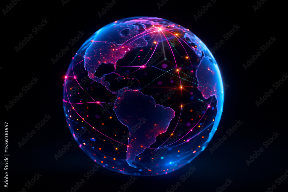 Poster ai generated digital artwork of a glowing transparent earth surrounded by colorful data lines and no