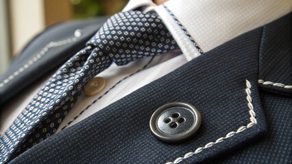Close Up Suit Jacket Button Elegant Tie Showing Texture Formal Business Style