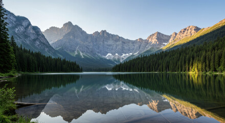 Fototapeta premium Serene Mountain Lake Reflection Majestic Peaks and Lush Forest