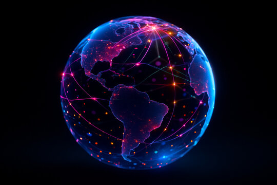AI generated digital artwork of a glowing transparent Earth surrounded by colorful data lines and nodes, symbolizing real-time global connectivity, technology flow, and futuristic information exchange