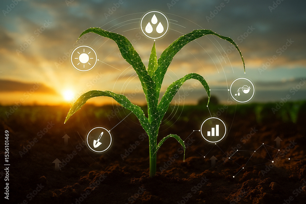 Poster ai generated image of a digital mesh corn plant in sunrise light with hud style interface showing mo