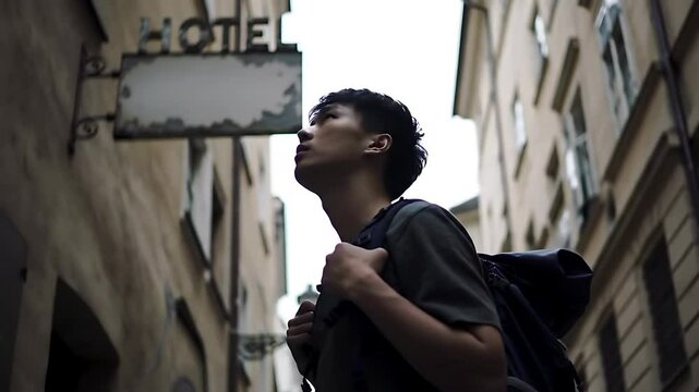 Man with Backpack Gazing at Hotel Sign On Narrow Stone Street European City