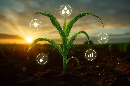 AI generated image of a digital mesh corn plant in sunrise light with HUD style interface showing moisture light soil and growth analytics representing smart agriculture and future precision farming