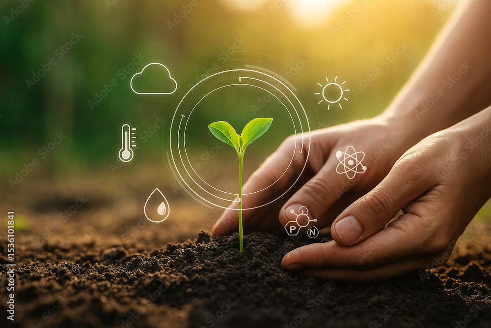 Poster ai generated image of a hand gently touching young seedling with floating hud icons representing dat