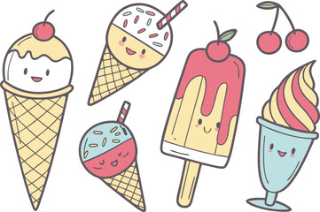 Ice Cream and Cold Desserts Illustrations illustration collection. Colorful Ice Cream and Cold Desserts Illustrations design set. Ice Cream and Cold Desserts Illustrations icons and elements