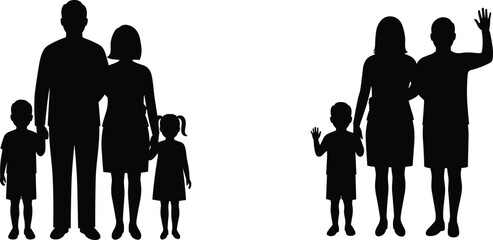 Silhouette of family with two children, mother, father, son, daughter standing and waving, family love, bonding, parenting, togetherness concept, happy family lifestyle illustration