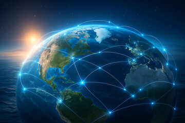 AI generated image of Earth seen from space with glowing data links and connection nodes symbolizing real time digital communication global connectivity and the energy of a borderless network