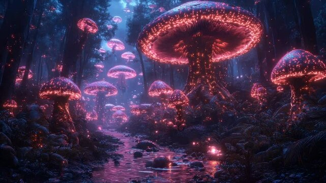 Mystical glowing mushrooms in a vibrant forest