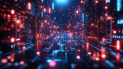 Digital tunnel with glowing circuit boards.  Red and blue light fills a futuristic pathway