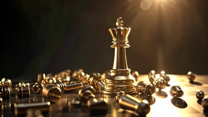 Golden chess queen victorious over fallen pieces