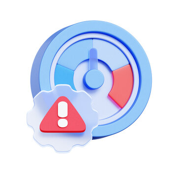 3D icon of a dial gauge with a warning triangle. For urgent tasks, performance thresholds, critical indicators, and attention required.
