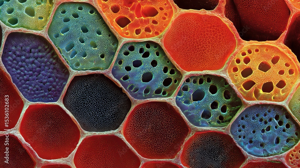 Poster vibrant microscopic plant cell structure detailed colorful hexagonal pattern abstract background ima