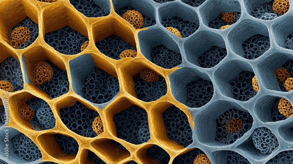 Poster abstract honeycomb structure microscopic view detailed golden blue hexagonal cells pattern backgroun