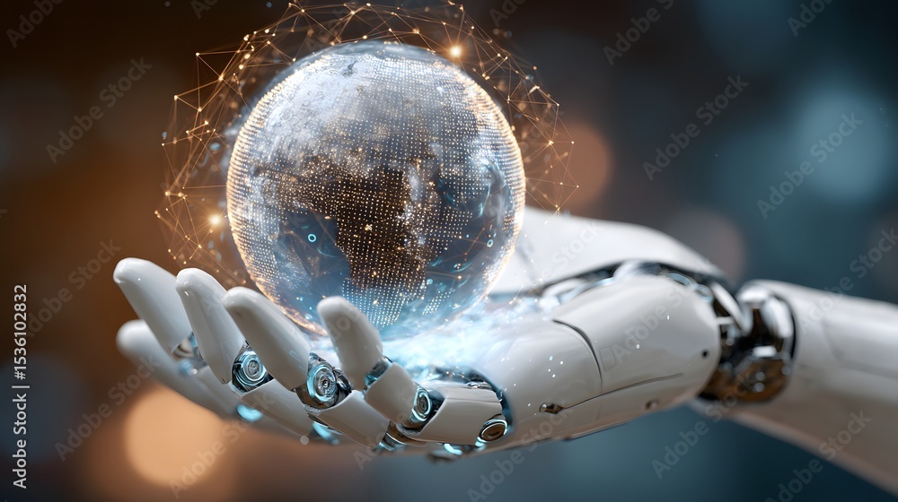 Poster robotic hand holding a digitally enhanced globe with interconnected nodes