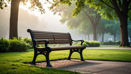 Serene park bench surrounded by lush greenery in a tranquil morning setting