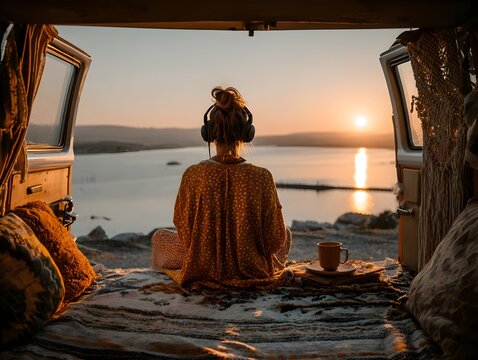 From campervan a woman listens to music on headphones watching the sunset over water feeling relaxed outdoors.