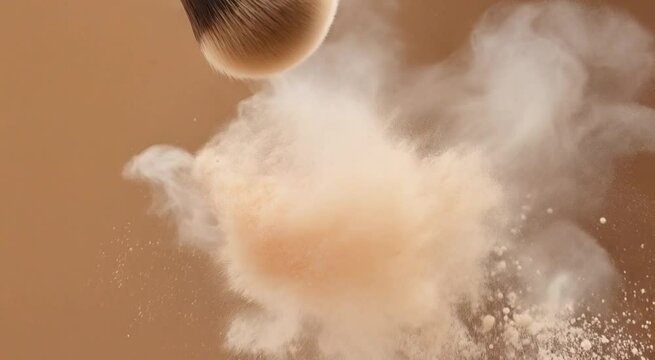 Makeup brush releasing powder creating cloud in slow motion
