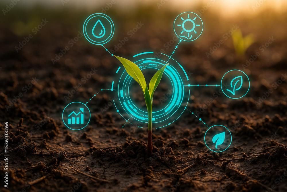 Poster ai generated image of a small seedling growing from dry soil with glowing digital hud icons represen