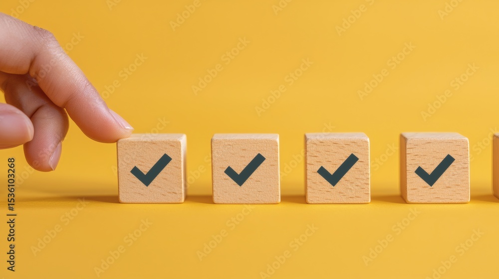Aufkleber transparent floating blocks in row with check marks representing minimalist goal tracker, person interacting with first block, clean visual with side copy space