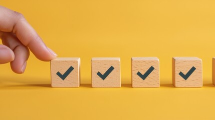 transparent floating blocks in row with check marks representing minimalist goal tracker, person interacting with first block, clean visual with side copy space