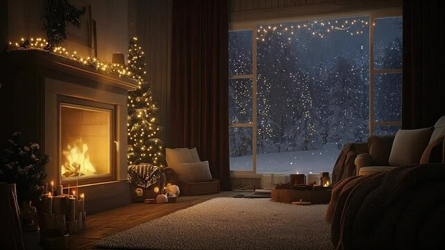 Cozy Christmas living room with snowy view