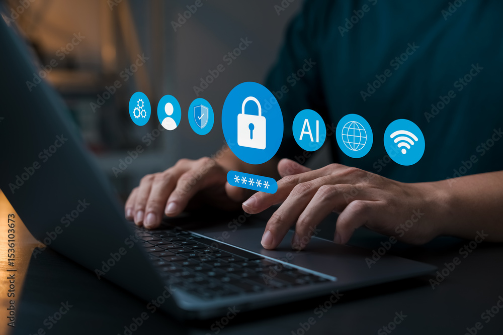 Fototapete cybersecurity and digital access with ai technology. person typing on laptop with virtual password, 