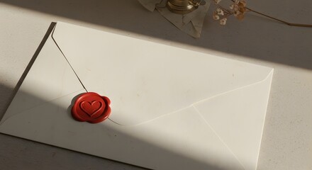 Fototapeta premium Elegant White Envelope Sealed with Red Heart Wax Seal A Symbol of Love and Romance