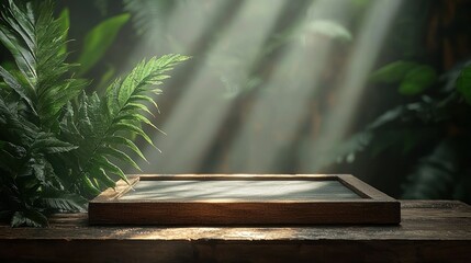 Empty wooden display platform in a sunlit jungle