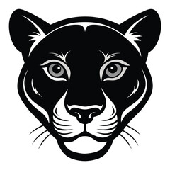 Sleek black panther head stares intensely with striking grey eyes on a white background