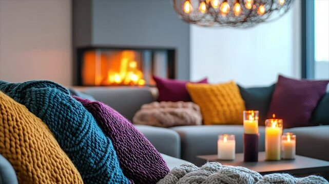 Cozy living room with fireplace and warm lighting.  Soft throws and colorful pillows create a welcoming ambiance