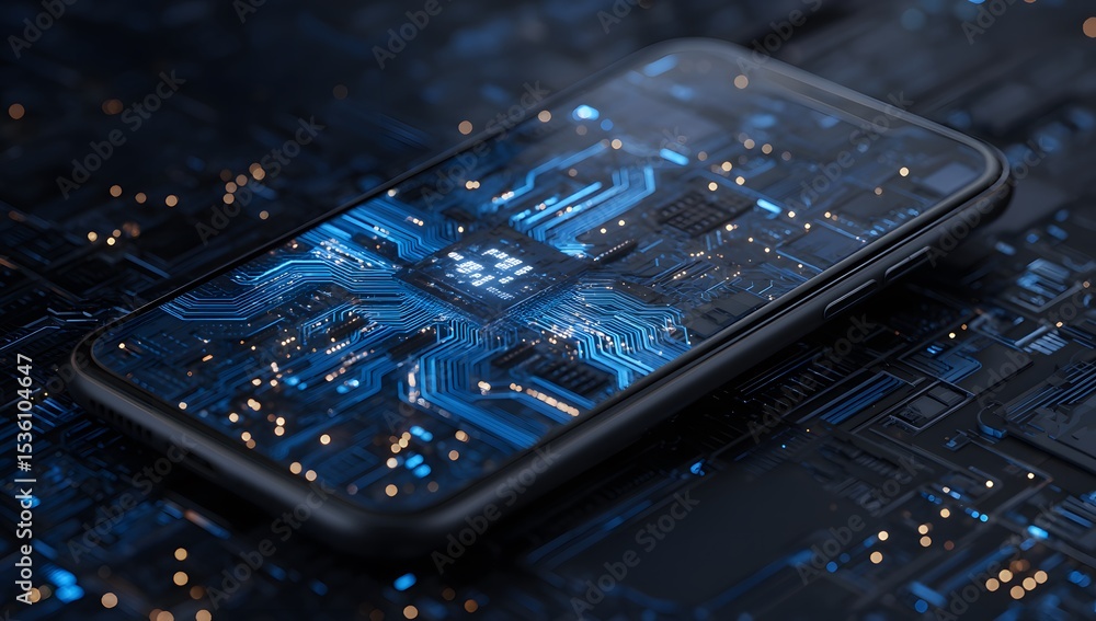 Poster smartphone with illuminated circuit board design on a high-tech background