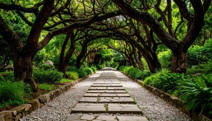Serene garden pathway lined with lush greenery and arching trees, inviting peaceful strolls