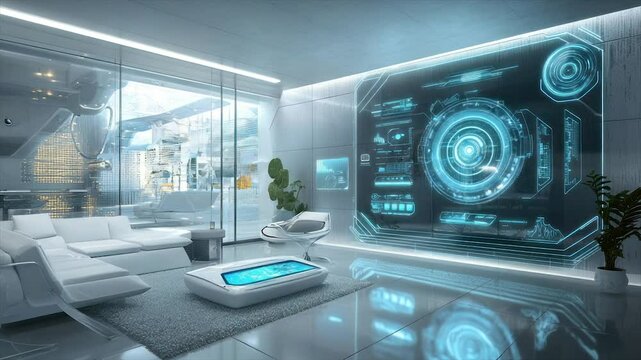 Futuristic living room with interactive wall display