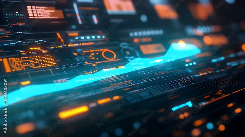 Poster complex interface with detailed orange and blue data visualizations in low angle perspective