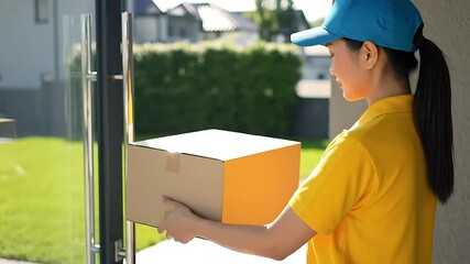 Asian Delivery Woman in Yellow Holds Box at Door with Sunlight and Green Lawn View