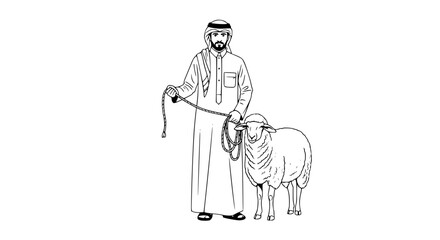 Line art of a man in traditional Arab clothing with a sheep.