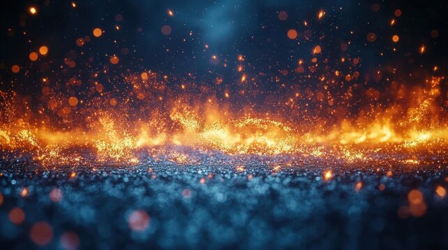 Fiery particles explode on a dark surface. Burning embers and sparks rise from a bed of shimmering, cool-toned particles - Powered by Adobe
