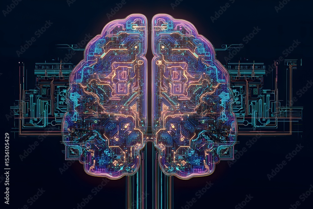 Poster digital art of a brain with circuitry overlay