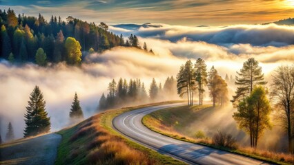 Serene Sunrise over Misty Mountain Road with Golden Rays of Light Illuminating Trees and Winding Asphalt Pathway