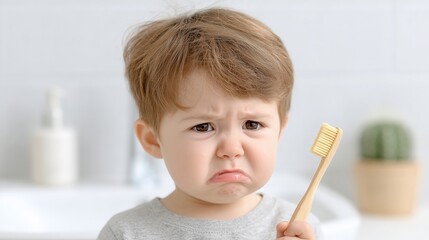 A young child frowning while holding a toothbrush, expressing reluctance towards dental care in a bright bathroom setting.