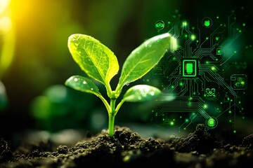 Sprout Growing in Soil with Digital Circuit Overlay