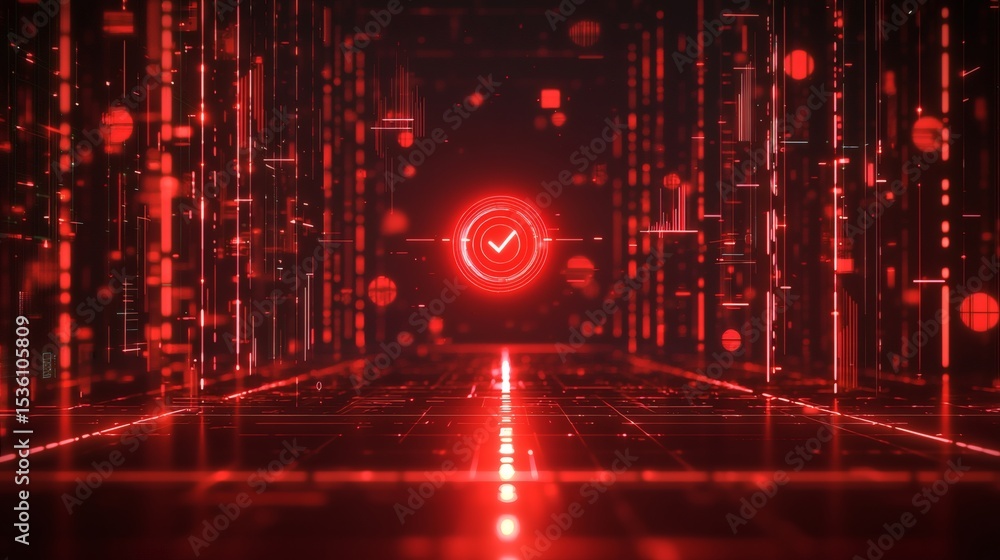 Poster Visual goal setting abstract scene with a clear linear path made of glowing lines stretching into the horizon, a single red target icon floating in the distance, modern surreal atmosphere with