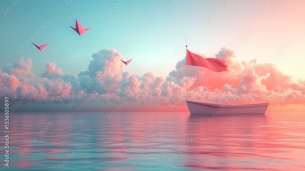 Poster Visual goal setting metaphor with paper planes flying toward a floating red flag in a surreal pastel sky, concept of direction and vision, airy layout with large copy space on one side