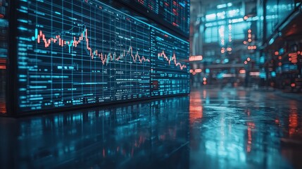 Financial data displays reflecting in a wet floor.  Busy city market in background