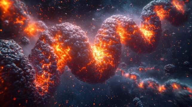 Fiery, swirling, spiral structure of molten rock, amidst cosmic dust