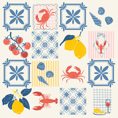 A backdrop for coastal cuisine featuring seafood and citrus fruits. A mosaic print with hand-drawn lemons, wine, lobster, tomatoes, crab, and seashells. 