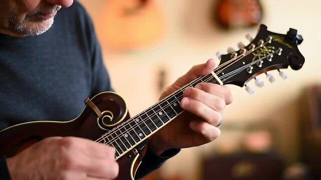 Close Up Man Playing a Vintage Brown and Golden Detailed Mandolin Indoors